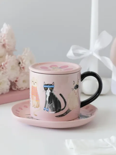 Чайная пара, кружка с крышкой, кружка с котиком