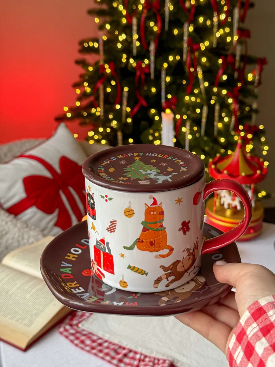 Чайная пара, кружка с крышкой, кружка с котиком